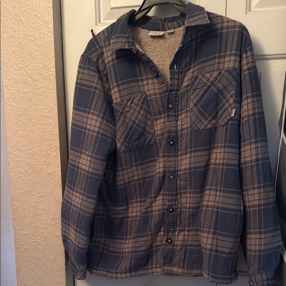 Blue and Tan Plaid Button-Up Shirt